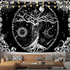 Tree of Life Tapestry, Sun, Moon, Galaxy Space Black & White Tapestry - 70"x90"
